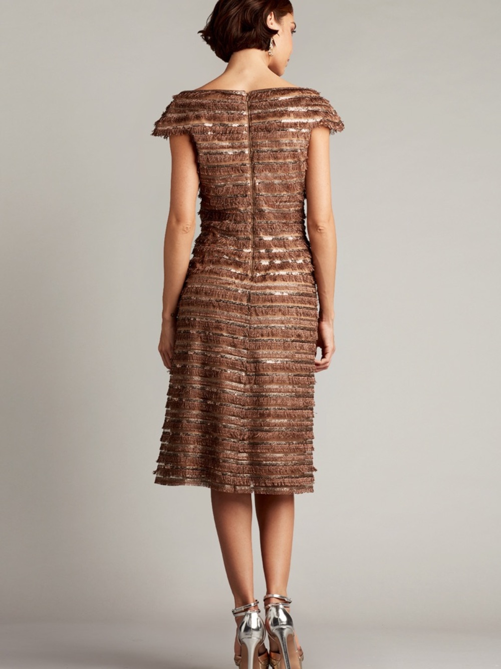 Tadashi Shoji Thora Silken Fringe Dress NWT Brown Tan Gold Midi Length 10 - Picture 3 of 10